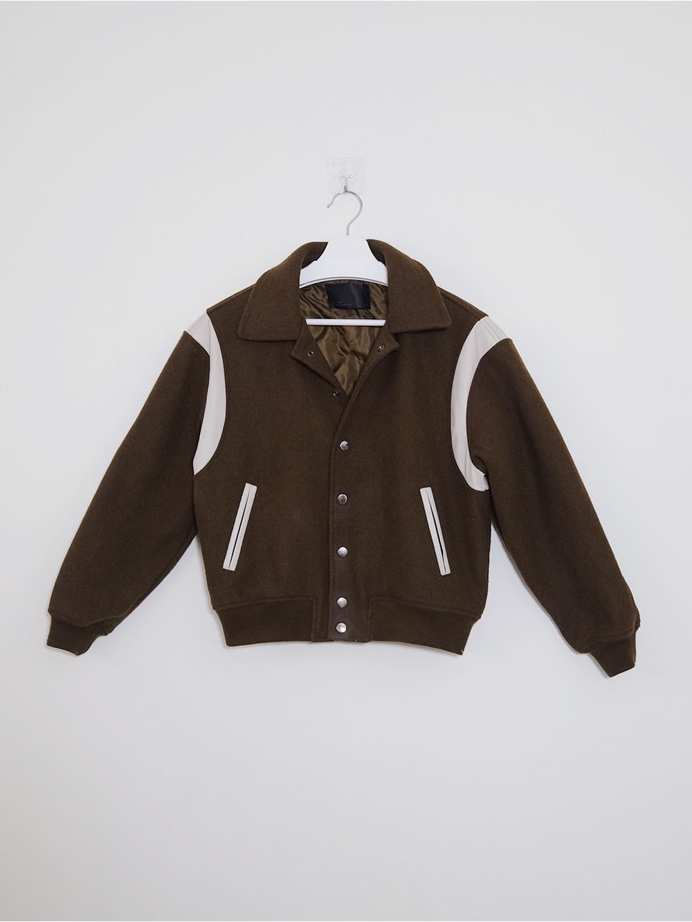 Oak & Fort Women’s Olive Green, and Cream Wool Bomber Varsity Jacket